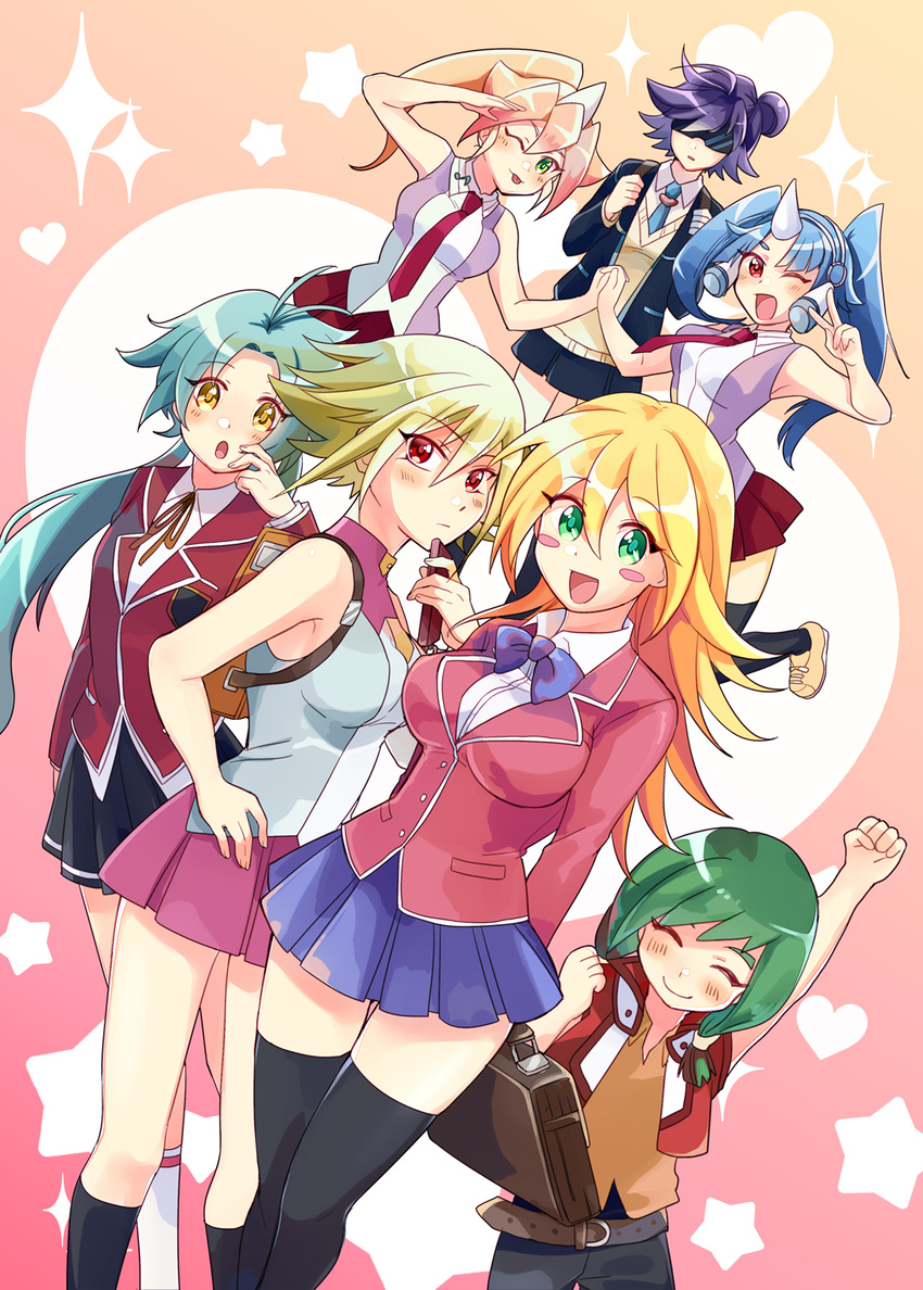 6+girls :d :o ;d ;p ^_^ ahoge antenna_hair aqua_hair arm_up backpack backup_secretary bag bare_arms bare_shoulders belt belt_buckle black_jacket black_legwear black_pants black_skirt blazer blonde_hair blue_bow blue_bowtie blue_hair blue_necktie blue_skirt blush blush_stickers bow bowtie breasts briefcase brown_belt buckle buttons card_ejector clenched_hands closed_eyes collared_shirt commentary_request cropped_jacket dark_magician_girl domino_high_school_uniform duel_academy_uniform_(yu-gi-oh!_5d's) duel_academy_uniform_(yu-gi-oh!_gx) duel_monster effect_veiler fist_pump gagaga_girl gradient_background green_eyes green_hair hair_between_eyes hair_bun hair_tie hand_on_own_hip hand_up headgear highres holding holding_hands holding_phone holding_strap horns interlocked_fingers jacket kneehighs large_breasts leg_up long_hair long_sleeves looking_at_viewer looking_to_the_side medium_breasts mimo_(amimo0805) miniskirt multiple_girls neck_ribbon necktie one_eye_closed open_clothes open_jacket open_mouth orange_ribbon orange_shirt pants performapal_corn performapal_uni phone photoshop_(medium) pink_background pink_hair pink_jacket pink_skirt pleated_skirt pocket ponytail purple_hair red_bow red_eyes red_jacket red_necktie red_skirt ribbon school_briefcase school_uniform shirt shoes short_hair shorts single_hair_bun single_horn skirt sleeveless sleeveless_jacket sleeveless_shirt smile socks sparkle sparkle_background standing star_(symbol) starry_background sunglasses sweater thighhighs tongue tongue_out twintails v white_legwear white_shirt yellow_background yellow_eyes yellow_footwear yellow_sweater yu-gi-oh! yu-gi-oh!_5d's yu-gi-oh!_arc-v yu-gi-oh!_gx yu-gi-oh!_vrains yu-gi-oh!_zexal