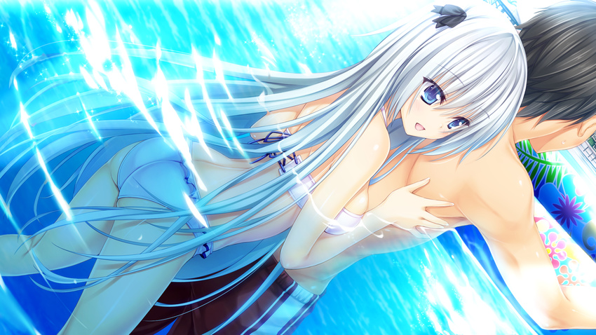 1boy :d ass bikini blue_eyes dutch_angle electrichka_sapsan female game_cg grey_hair hair_ribbon long_hair open_mouth oryo_(oryo04) partially_submerged pretty_x_cation ribbon smile straight swimsuit very_long_hair water