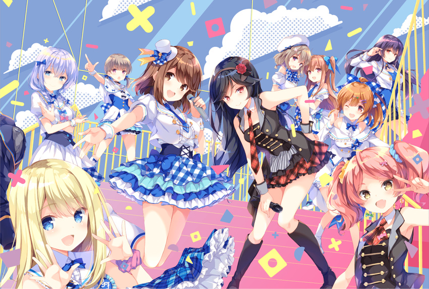 6+girls :d :o ahoge armpits asahina_momoko asato_kasuga ascot beret black_hair black_legwear blonde_hair blue_bow blue_eyes blue_necktie blue_skirt bow braid brown_eyes brown_hair buttons chloe_lemaire confetti detached_collar flower frilled_skirt frills girlfriend_(kari) girlfriend_note hair_flower hair_ornament hairband hairbow hand_on_own_hip hat highres holding holding_microphone kagurazaka_saya kazemachi_haruka kneehighs kunishiro_miyabi leaning_forward light_purple_hair long_hair looking_at_viewer makise_subaru microphone mini_hat mini_top_hat multiple_girls murakami_fumio necktie official_art ohara_tometa one_eye_closed open_clothes open_mouth open_vest plaid plaid_necktie plaid_skirt pleated_skirt pointing qp:flapper railing red_bow red_necktie sakura_koharu sakurai_akane_(girlfriend) scrunchie shigino_mutsumi shiina_kokomi short_hair skirt smile socks stairs top_hat twin_braids twintails two_side_up unbuttoned v vest white_legwear wrist_cuffs