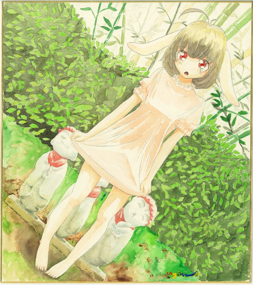 animal_ears artist_name bamboo bamboo_forest barefoot black_hair border commentary_request crying crying_with_eyes_open dress dutch_angle female forest full_body highres inaba_tewi jizou leaf nature open_mouth painting_(medium) pink_dress puffy_sleeves rabbit_ears red_eyes shikishi short_hair short_sleeves skirt_hold solo statue tears touhou traditional_media uryan! watercolor_(medium)