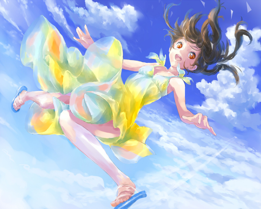 aircraft brown_hair cb clouds dress long_hair orange_eyes original sky