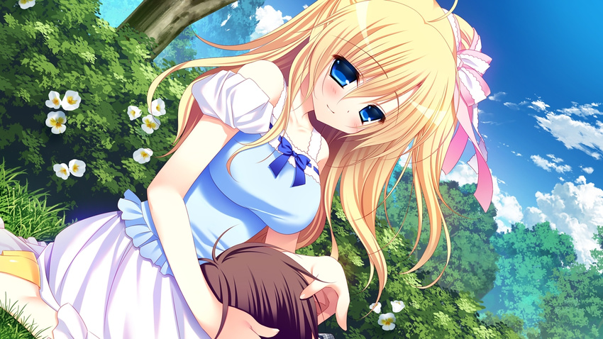 1boy bare_shoulders blonde_hair blue_dress blue_eyes blue_sky breasts cloud day dress female game_cg hair_ribbon lap_pillow large_breasts long_hair looking_at_viewer mekami_suzu nanaka_mai off-shoulder_dress off_shoulder outdoors puffy_short_sleeves puffy_sleeves pure_girl ribbon short_sleeves sitting sky smile solo_focus yokozuwari