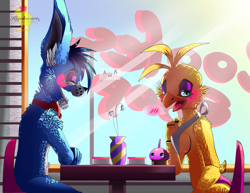 absurd_res animatronic anthro avian bib bird blue_hair blush bow_(feature) bow_tie breasts cake closed_eyes cupcake dessert duo eyeshadow female five_nights_at_freddy's five_nights_at_freddy's_2 flower food fur hair half-closed_eyes hi_res hiyoko lagomorph leporid machine makeup male mammal narrowed_eyes plant rabbit robot scottgames side_boob sitting smile toy_bonnie_(fnaf) toy_chica_(fnaf) window