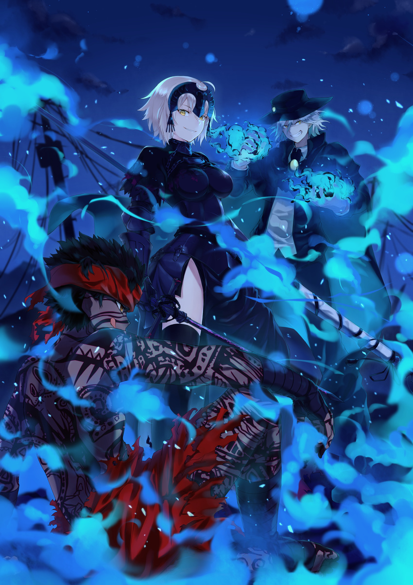 >:) 2boys angra_mainyu_(fate) bandaged_arm bandages black_hair blue_fire boater_hat brown_eyes commentary_request edmond_dantes_(fate) fate/grand_order fate/hollow_ataraxia fate_(series) female fire gloves grey_hair grin hand_up headband highres jacket jeanne_d'arc_alter_(avenger)_(fate) jeanne_d'arc_alter_(fate) kurogiri looking_at_viewer looking_to_the_side multiple_boys open_clothes open_jacket parted_lips profile sandals ship short_hair sitting smile standing tattoo teeth toeless_legwear v-shaped_eyebrows watercraft white_gloves yellow_eyes