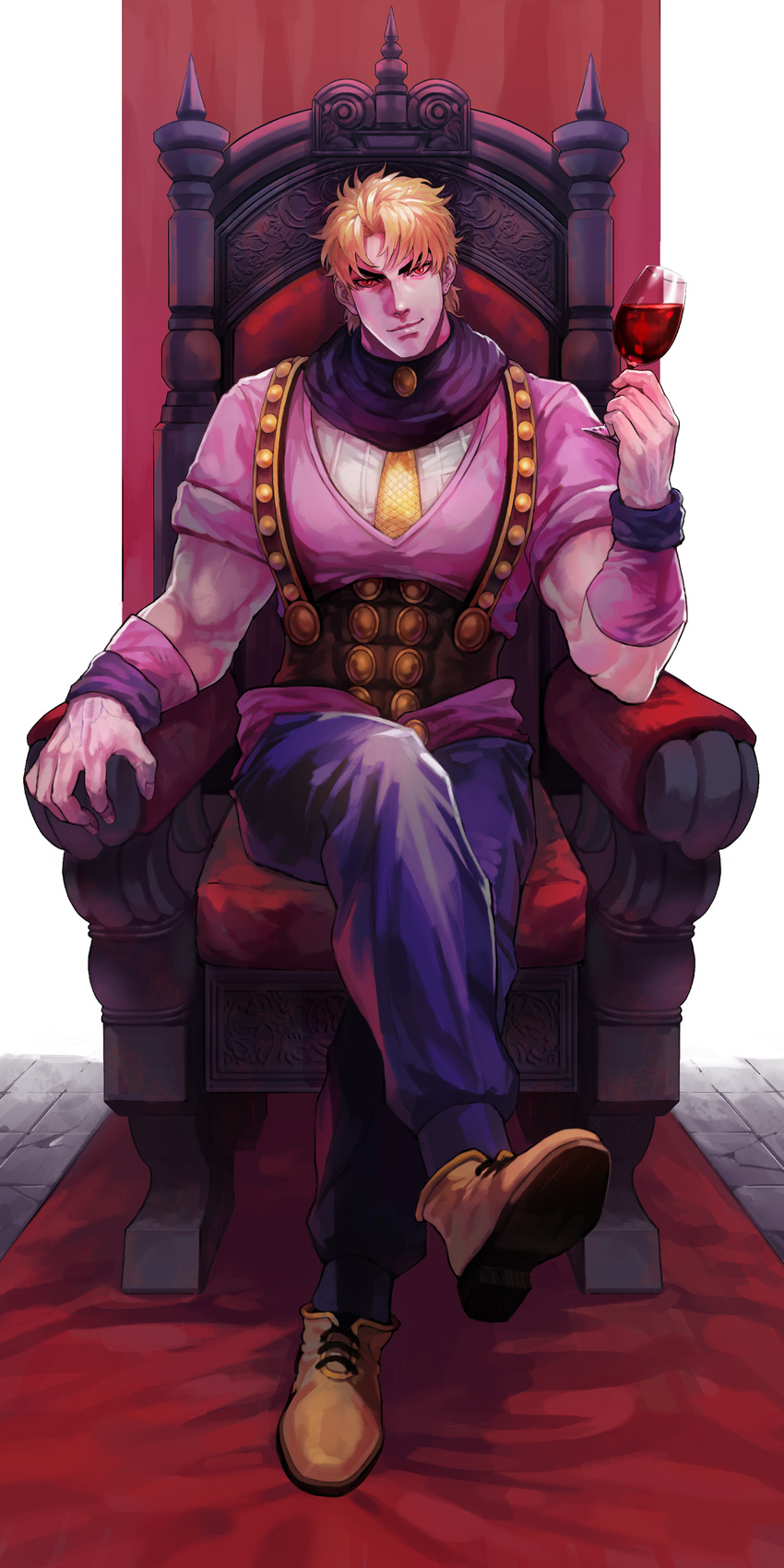 1boy absurdres alcohol birthmark blonde_hair chair commentary_request crossed_legs cup dio_brando drinking_glass ear_birthmark full_body highres jojo_no_kimyou_na_bouken male_focus muscular phantom_blood red_eyes sb_(hiratsei) sitting smile solo veins wine wine_glass