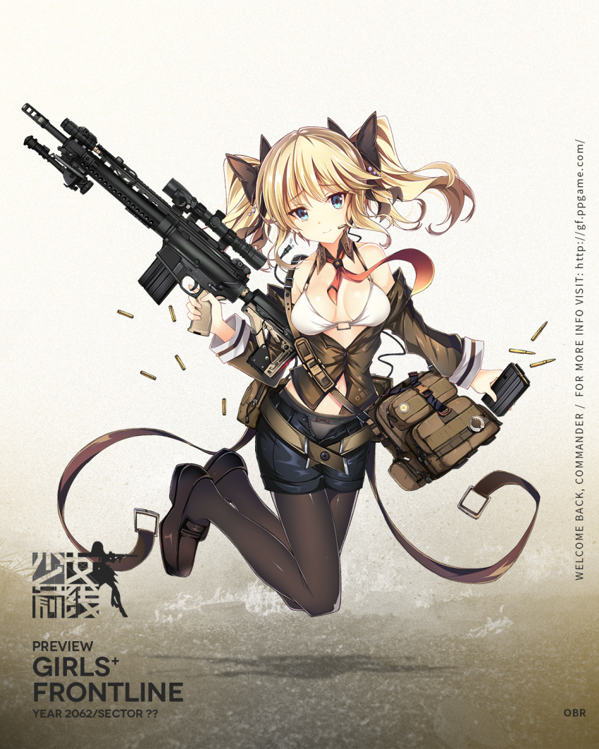 ar-10 bag bare_shoulders battle_rifle belt bikini bikini_top_only black_footwear black_pantyhose black_ribbon black_shorts blazer blonde_hair blue_eyes blush bow bow_panties breasts brown_jacket buckle bullet character_name closed_mouth clothes_writing collarbone copyright_name detached_collar female floating frown full_body girls'_frontline gun hair_ornament hair_ribbon headset highres holding holding_gun holding_magazine_(weapon) holding_weapon jacket jianren larue_tactical_obr legs_up light_smile loafers logo long_hair long_sleeves magazine_(weapon) medium_breasts midriff navel necktie obr_(girls'_frontline) off_shoulder official_art open_clothes open_fly open_jacket panties panties_under_pantyhose pantyhose partially_unbuttoned promotional_art red_necktie ribbon rifle scope shiny_skin shoes short_shorts shorts shoulder_bag sidelocks solo stomach swimsuit trigger_discipline twintails underwear weapon white_bikini wide_sleeves