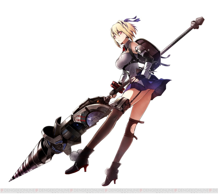 blonde_hair breasts claire_victorious female god_eater god_eater_3 high_heels official_art ribbon short_hair skirt tagme weapon