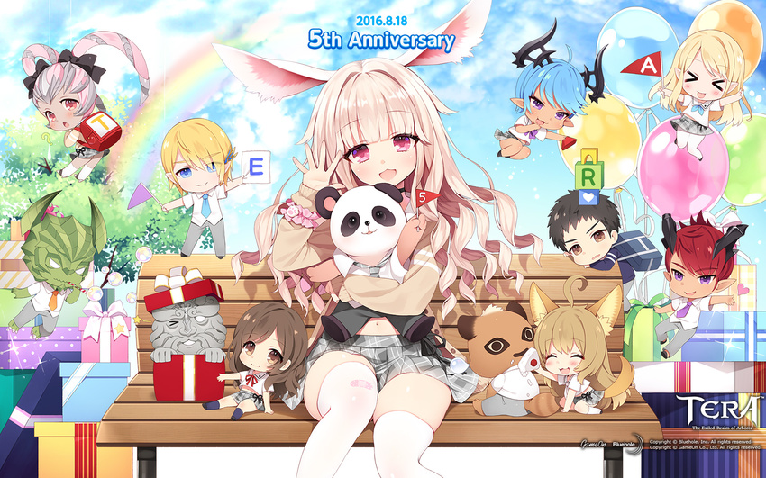 >_< 6+boys 6+girls :3 :d ? animal_ears anniversary backpack bag balloon bandaid bench black_hair black_legwear blonde_hair blue_eyes blue_hair brown_eyes brown_hair bubble byulzzi cardigan castanic chibi closed_eyes cloud dated day dog_ears elf elin flying furry gift high_elf highres horns hug kneehighs long_hair midriff multiple_boys multiple_girls navel necktie official_art official_wallpaper open_mouth outdoors panda pants pink_eyes pink_hair pointy_ears popori purple_eyes rabbit_ears raccoon_ears rainbow randoseru red_hair ribbon school_uniform serafuku shirt short_hair skirt sky sleeping smile socks tail tera_online thighhighs tongue tongue_out tree twintails waving white_legwear xd