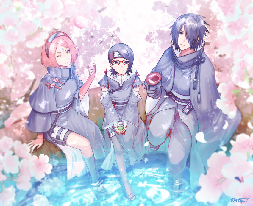 1boy 2girls alternate_costume black_eyes black_hair boruto:_naruto_next_generations can cherry_blossoms clothes_pin commentary_request cup detached_sleeves drink_can facial_mark family father_and_daughter forehead_mark forehead_protector from_above glasses green_eyes hair_over_one_eye high_collar husband_and_wife japanese_clothes looking_at_viewer mother_and_daughter multiple_girls naruto naruto_(series) one_eye_closed outdoors partially_submerged petals photoshop_(medium) pink_hair retpa sakazuki sakura_haruno shoes short_hair sitting smile soda_can thighhighs toeless_footwear uchiha_sarada uchiha_sasuke water