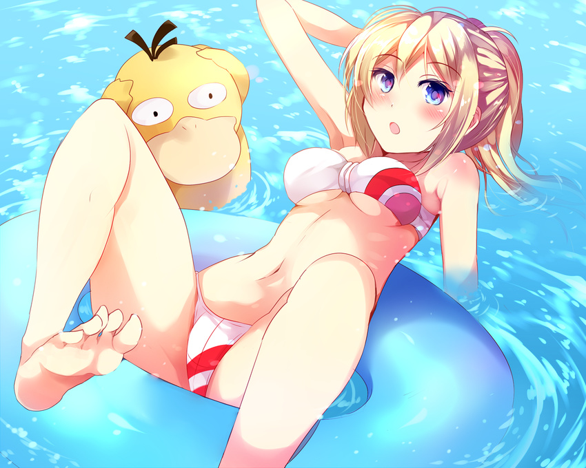 afloat arm_behind_head bad_id bad_pixiv_id barefoot bikini blonde_hair blue_eyes blush breasts feet female female_protagonist_(pokemon_go) highres innertube legs long_hair looking_at_viewer medium_breasts multicolored_bikini multicolored_clothes navel open_mouth partially_submerged pokemon pokemon_(creature) pokemon_go ponytail psyduck sidelocks soaking_hands swim_ring swimsuit underboob water z.nov