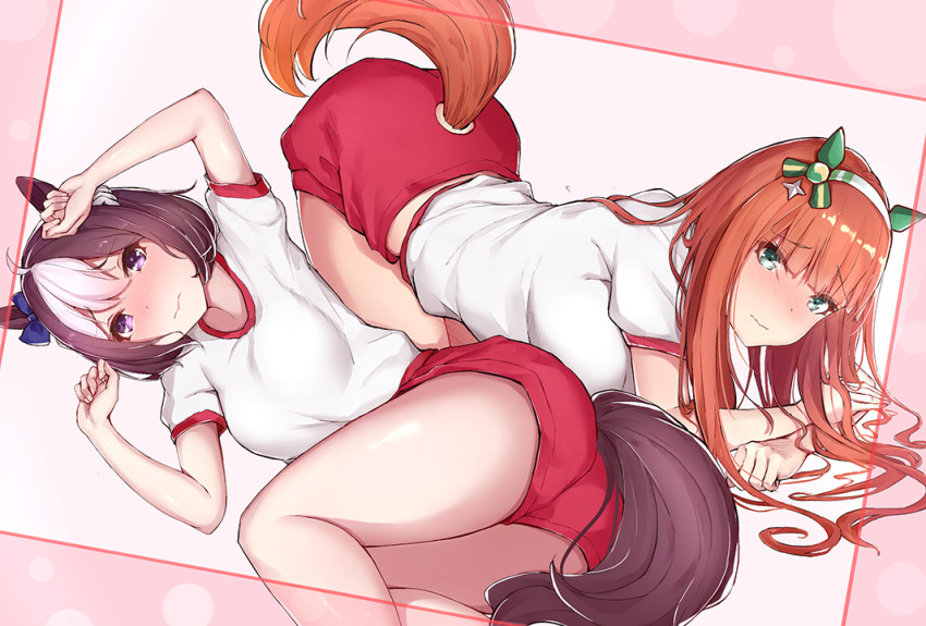 2girls animal_ears anthro ass bloomers blush brown_hair green_eyes gym_uniform headband long_hair orange_hair purple_eyes sherryqq short_hair silence_suzuka special_week tail uma_musume:_pretty_derby