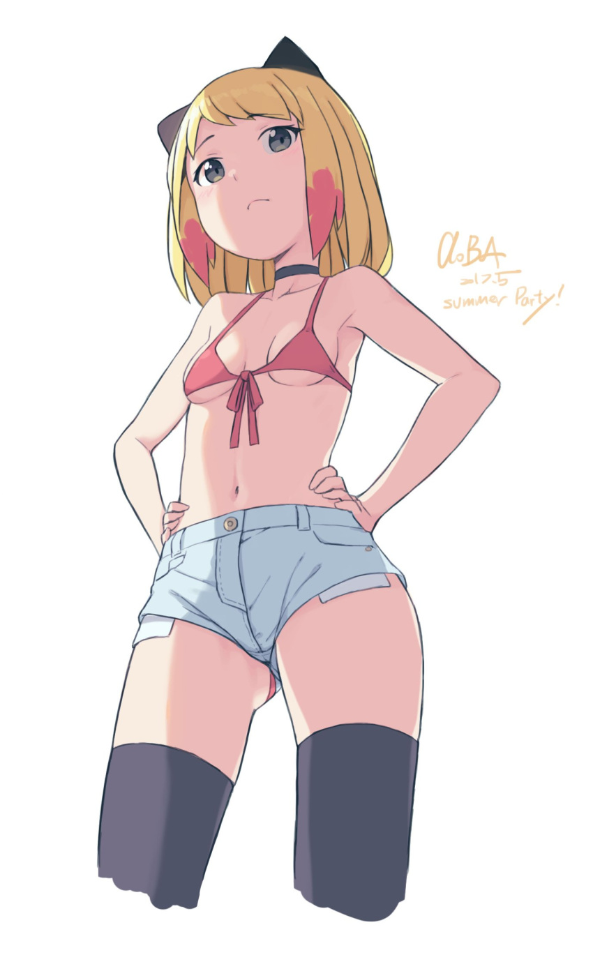 alternate_eye_color animal_ears artist_name ass_visible_through_thighs bad_id bad_twitter_id bikini bikini_top_only black_choker black_thighhighs blonde_girl_(cloba) blonde_hair blue_shorts blush breasts cat_ears choker cloba collarbone commentary cowboy_shot cropped_legs exposed_pocket female flower front-tie_top frown grey_eyes hair_flower hair_ornament hands_on_own_hips highres inactive_account looking_at_viewer navel original pink_bikini pink_flower short_hair shorts simple_background small_breasts solo swimsuit thighhighs white_background