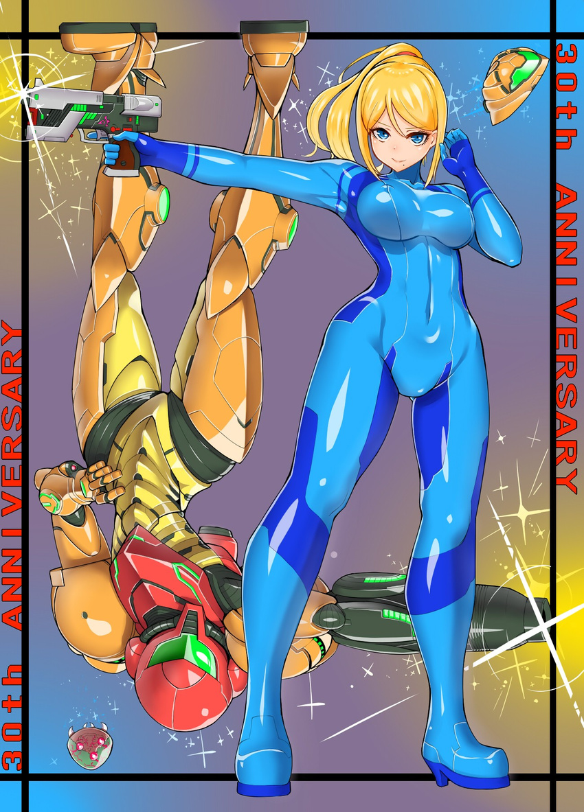 adjusting_hair alien anniversary arm_cannon armor armpits assault_visor blonde_hair blue_eyes bodysuit breasts breasts_apart closed_mouth commentary_request covered_collarbone covered_navel covered_nipples dual_persona english_text female framed full_body glint glowing gradient_background green_visor gun hair_tie haku_hakujou_daimaou hand_on_own_hip hand_up handgun helmet high_heels high_ponytail highres hip_focus holding holding_gun holding_weapon hunter-class_gunship large_breasts legs_apart light_smile long_hair looking_at_viewer metroid metroid_(creature) mole mole_under_mouth narrow_waist neon_trim outstretched_arm paralyzer parted_bangs partial_commentary pilot_suit ponytail power_armor samus's_gunship samus_aran science_fiction shiny_clothes sidelocks skin_tight smile spacecraft sparkle swept_bangs trigger_discipline turtleneck upside-down varia_suit weapon zero_suit