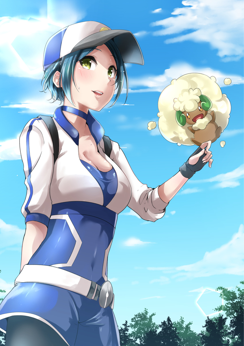 baseball_cap black_hair breasts cloud cloudy_sky commentary_request cosplay day female female_protagonist_(pokemon_go) female_protagonist_(pokemon_go)_(cosplay) fingerless_gloves gloves hat hayami_kanade highres idolmaster idolmaster_cinderella_girls large_breasts looking_at_viewer murabito_c outdoors parted_bangs pokemon pokemon_(creature) pokemon_go short_hair sky whimsicott yellow_eyes