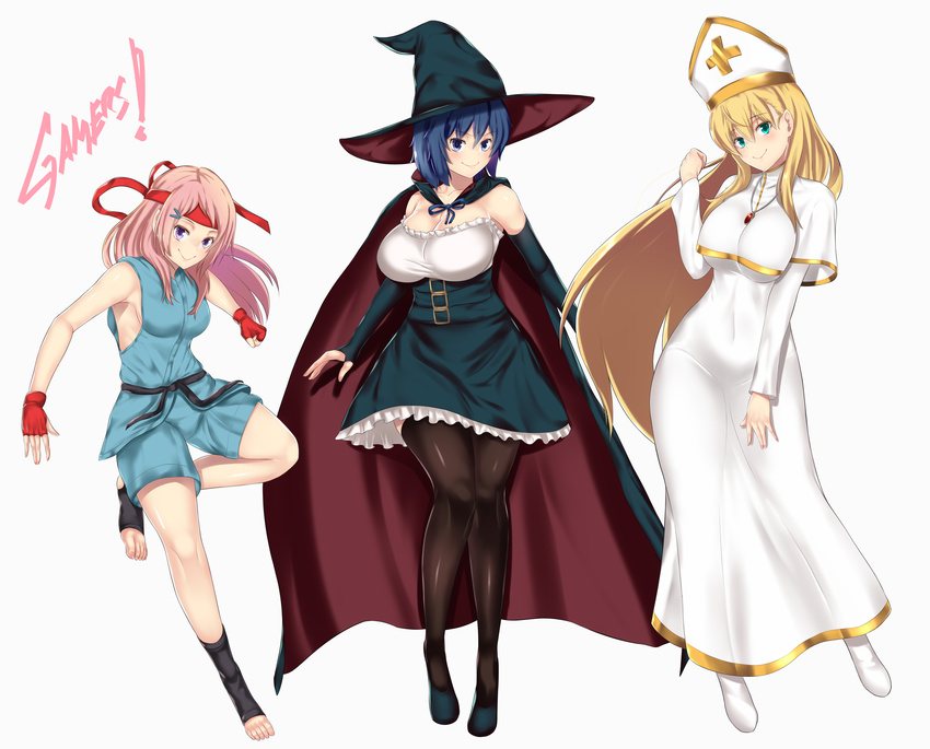 3girls absurdres aguri_(gamers!) aster_crowley black_hair blonde_hair blue_eyes commentary_request cosplay dougi gamers! green_eyes hat highres hoshinomori_chiaki long_hair multiple_girls pink_hair priest purple_eyes tendou_karen thighhighs witch_hat