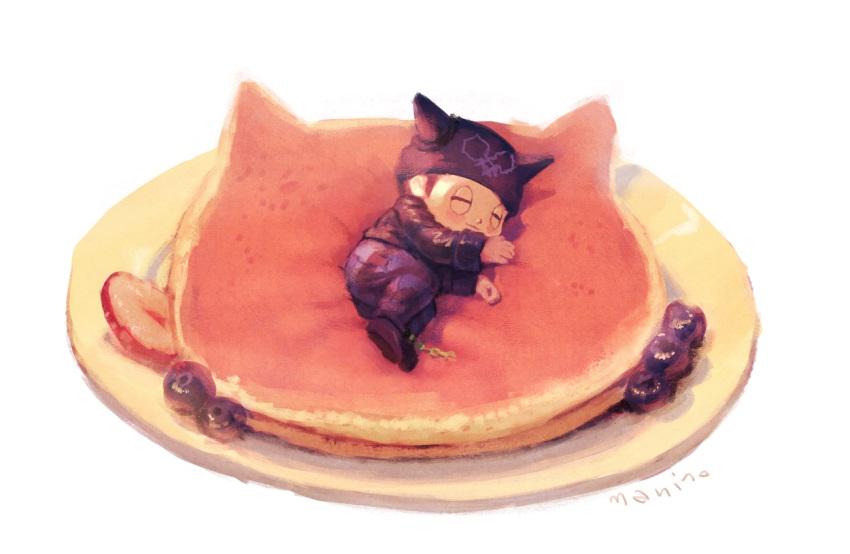 1boy artist_name blueberry blush broken broken_chain brown_hair candy chains chains closed_eyes danganronpa food fruit hat horned_headwear hoshi_ryouma jacket leather leather_jacket lying male_focus manino_(mofuritaionaka) new_danganronpa_v3 on_side pancake pants plate purple_hat shoes sleeping solo strawberry striped striped_pants sweets white_background