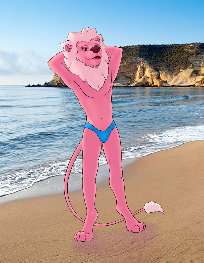 2019 4_toes absurd_res anthro beach cartoon_network clothed clothing eldingo_(artist) feet felid fur hands_behind_head hi_res lion lion_(steven_universe) male mammal mane muscular muscular_anthro muscular_male pantherine partially_clothed pink_body pink_fur pose seaside solo speedo steven_universe swimwear toes