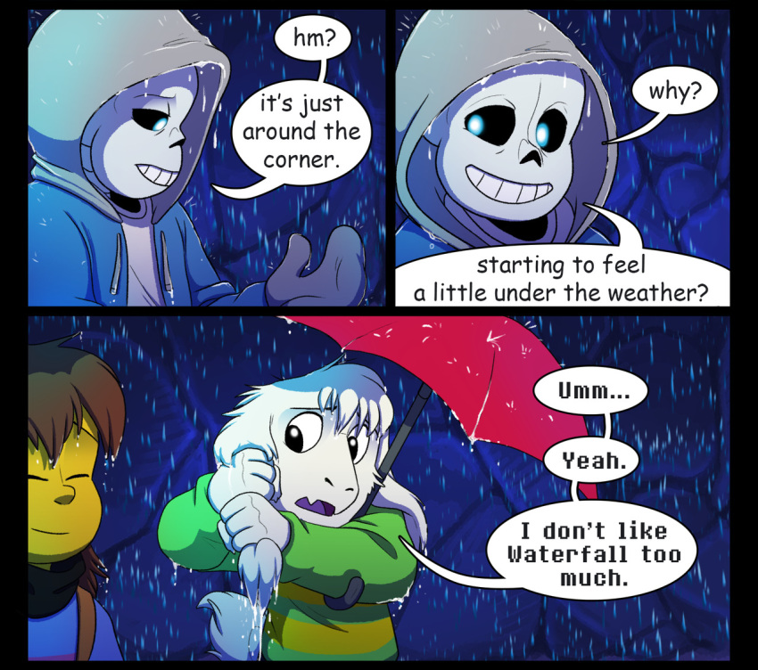 absolutedream animated_skeleton asriel_dreemurr bone boss_monster bovid caprine comic_sans dialogue english_text human mammal protagonist_(undertale) raining sans_(undertale) skeleton text umbrella undead undertale video_games