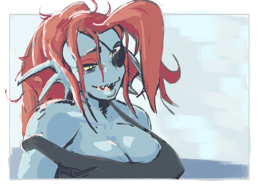 2019 animal_humanoid big_breasts blue_body blue_skin breasts clothed clothing eye_patch eyewear female fin fish fish_humanoid hair humanoid latchk3y long_hair marine marine_humanoid messy_hair off_shoulder open_mouth red_hair relaxing shirt solo tank_top tired topwear undertale undertale_(series) undyne yellow_eyes