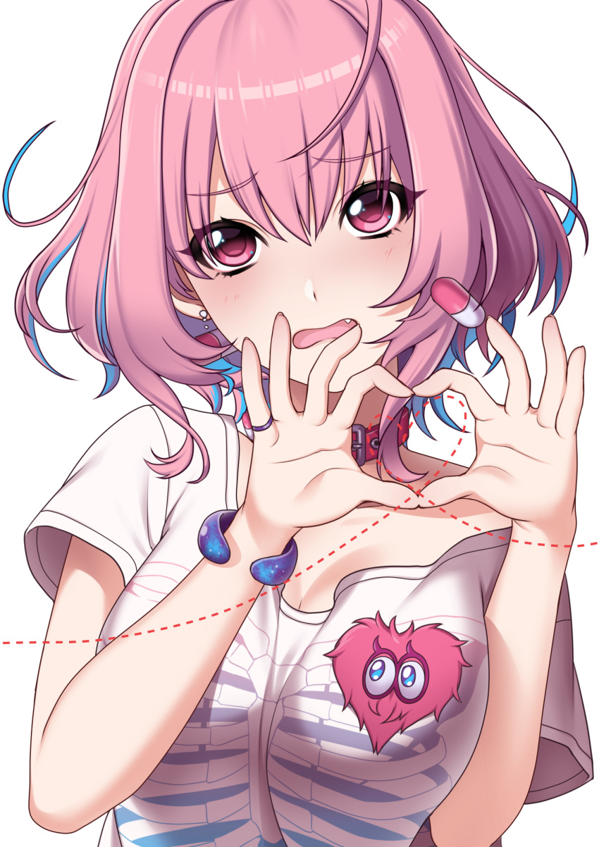 blue_hair blush breasts cleavage collar commentary_request earrings female heart heart_hands heart_on_chest highres idolmaster idolmaster_cinderella_girls jewelry large_breasts looking_at_viewer multicolored_hair oerba_yun_fang off_shoulder open_mouth pill_earrings pink_collar pink_eyes pink_hair ring sena_(mineruba) shirt short_hair simple_background skeleton_print solo t-shirt two-tone_hair upper_body wavy_mouth white_shirt yumemi_riamu