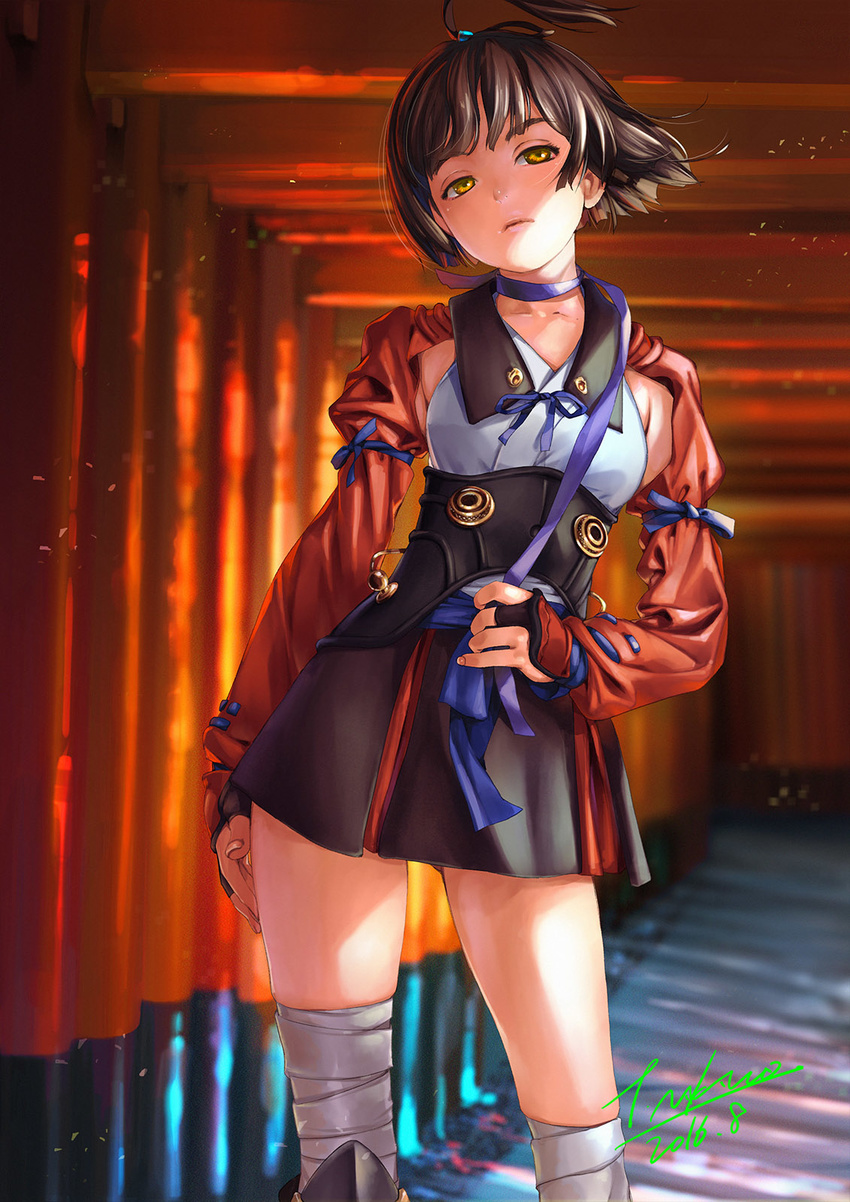 bandages breasts brown_eyes brown_hair choker commentary_request female fushimi_inari_taisha hakama hakama_short_skirt hakama_skirt highres japanese_clothes kimono kimono_skirt koutetsujou_no_kabaneri long_sleeves looking_at_viewer multiple_torii mumei_(kabaneri) nakano_tomokazu photoshop_(medium) ribbon ribbon_choker short_hair signature skirt small_breasts solo standing torii underbust