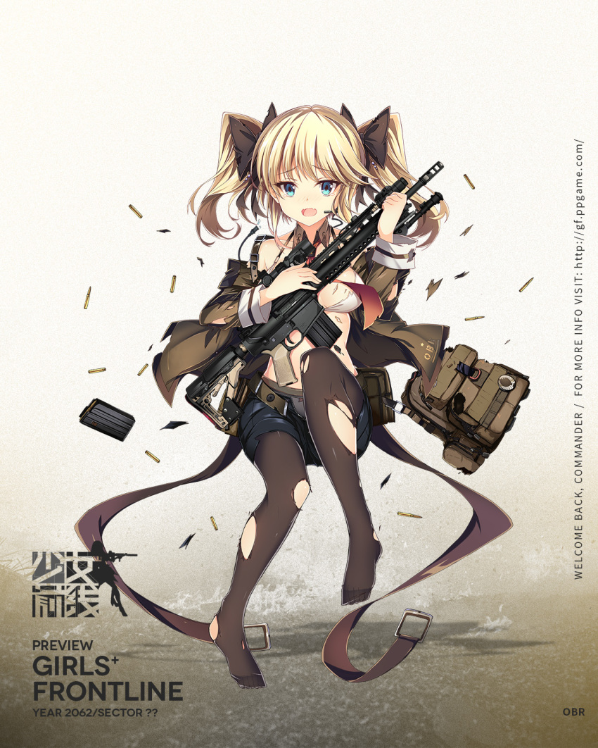 ar-10 bag bare_shoulders battle_rifle belt bikini bikini_top_only black_pantyhose black_ribbon black_shorts blazer blonde_hair blue_eyes blush bow bow_panties breasts brown_jacket buckle bullet character_name closed_mouth clothes_writing collarbone copyright_name detached_collar female floating frown full_body girls'_frontline gun hair_ornament hair_ribbon headset highres holding holding_gun holding_weapon jacket jianren knee_up larue_tactical_obr logo long_hair long_sleeves magazine_(weapon) medium_breasts midriff navel necktie no_shoes obr_(girls'_frontline) off_shoulder official_art open_clothes open_fly open_jacket panties panties_under_pantyhose pantyhose promotional_art red_necktie ribbon rifle scope shiny_skin short_shorts shorts shoulder_bag sidelocks solo stomach swimsuit torn_bikini torn_clothes torn_jacket torn_pantyhose twintails underwear weapon white_bikini wide_sleeves