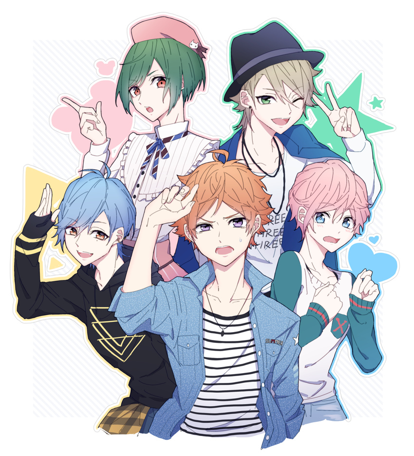 5boys a3! bad_id bad_twitter_id beret blue_eyes blue_hair green_eyes green_hair hat heart highres hood ikaruga_misumi jacket jewelry miyoshi_kazunari mole mole_under_eye multiple_boys necklace open_clothes open_jacket orange_eyes orange_hair patterned_background pink_hair red_eyes rurikawa_yuki saccuv sakisaka_muku salute shirt star_(symbol) striped_clothes striped_shirt sumeragi_tenma triangle upper_body