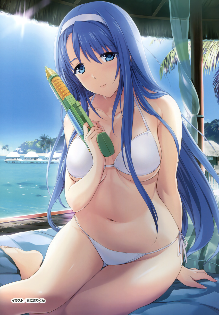 absurdres artist_name bare_arms bare_legs barefoot beach bikini blue_eyes blue_hair blue_sky breasts character_request choukou_shinki_ixseal closed_mouth collarbone day female highres large_breasts long_hair navel onigirikun outdoors scan side-tie_bikini_bottom sidelocks sitting sky smile solo swimsuit tareme thigh_gap underboob white_bikini yokozuwari