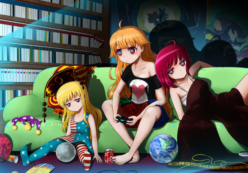 3girls adapted_costume alternate_costume alternate_headwear american_flag_dress american_flag_legwear barefoot blonde_hair book bookshelf breasts can chips_(food) cleavage clownpiece commentary_request contemporary controller couch crumbs dark_room drink_can earth_(ornament) food game_console game_controller hecatia_lapislazuli highres junko_(touhou) long_hair moon_(ornament) multiple_girls no_headwear off-shoulder_shirt off_shoulder okema on_couch pantyhose playing_games playstation_4 playstation_controller poster_(object) red_eyes red_hair shadow shin_yomawari shirt soda_can touhou yomawari_(series)