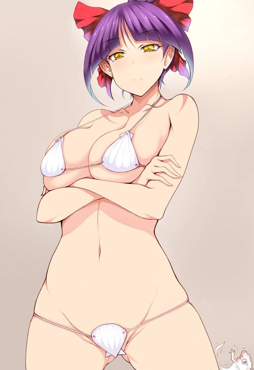 arms_under_breasts bikini blunt_bangs bow breast_hold breasts cleavage commentary_request cowboy_shot crossed_arms female gegege_no_kitarou groin hairbow half-closed_eyes highres ittan_momen_(gegege_no_kitarou) looking_at_viewer medium_breasts navel nekomusume nekomusume_(gegege_no_kitarou_6) pointy_ears purple_hair red_bow shell shell_bikini slit_pupils solo stomach swimsuit tsukasawa_takamatsu underboob white_bikini yellow_eyes