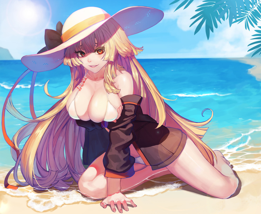 arm_support arm_under_breasts bare_shoulders barefoot beach bikini blue_sky blush breast_hold breasts brown_hair character_name cleavage cloud collarbone commentary day female girls'_frontline hat highres jacket kneeling large_breasts leaning_forward long_hair looking_at_viewer m37_(girls'_frontline) m37_(summer_parader)_(girls'_frontline) ocean official_alternate_costume open_clothes open_jacket orange_eyes outdoors parted_lips photoshop_(medium) sand sidelocks skindentation sky smile solo sun_hat sunlight swimsuit thighs tunamayo_(dsasd751) very_long_hair white_bikini