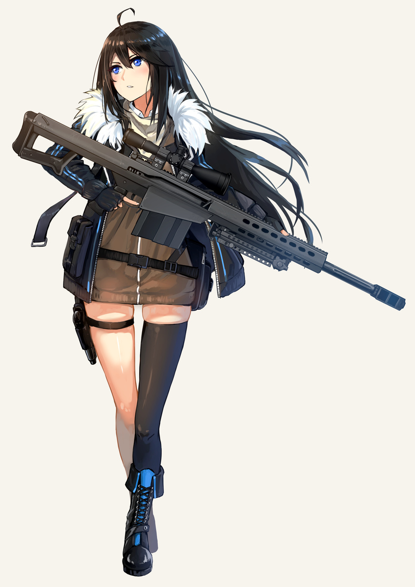 absurdres ahoge anti-materiel_rifle barrett_m82 beige_background belt black_footwear black_hair black_thighhighs blush boots brown_dress chinese_commentary commentary_request cross-laced_footwear dress female fingerless_gloves floating_hair fur-trimmed_jacket fur_trim girls'_frontline gloves gun hair_between_eyes highres holding holding_gun holding_weapon holster jacket long_hair looking_to_the_side m107cq_(girls'_frontline)_(ukeuke) open_clothes open_jacket original parted_lips rifle sidelocks simple_background single_thighhigh sniper_rifle solo sweater sweater_dress swept_bangs thigh_holster thigh_strap thighhighs trigger_discipline ukeuke weapon