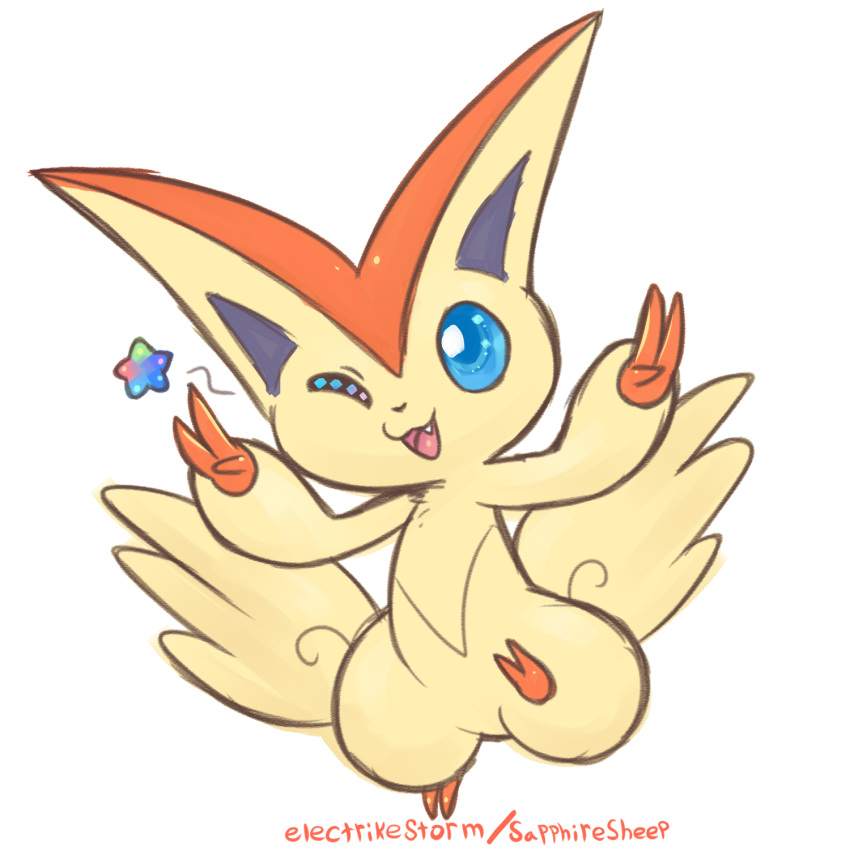 1:1 2018 ambiguous_gender blue_eyes butt_wings electrikestorm feral fur generation_5_pokemon gesture hand_gesture hi_res legendary_pokemon mammal nintendo one_eye_closed open_mouth pokemon pokemon_(species) simple_background solo star tan_body tan_fur v_sign victini white_background wings wink