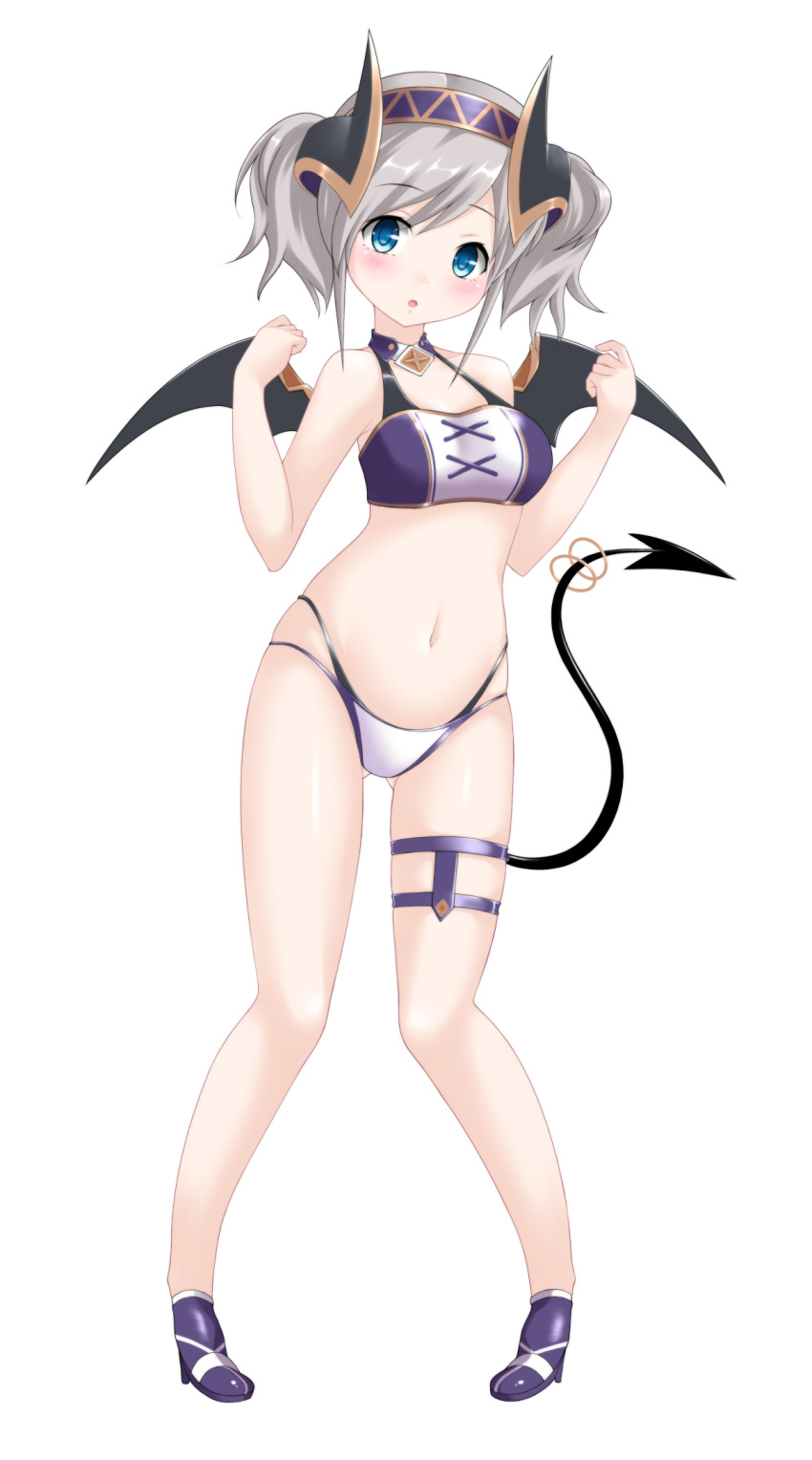 :o akari_(princess_connect!) ass_visible_through_thighs bare_arms bare_shoulders bikini black_horns black_wings blue_eyes blush breasts collarbone commentary_request crop_top demon_girl demon_horns demon_tail demon_wings female full_body grey_hair hair_between_eyes hairband hands_up head_tilt high_heels highres horns kaze_makase looking_at_viewer medium_breasts navel panties parted_lips pigeon-toed princess_connect! purple_footwear purple_hairband shoes short_hair short_twintails simple_background skindentation solo standing swimsuit tail tail_ornament tail_ring thigh_strap twintails underwear w_arms white_background white_panties wings