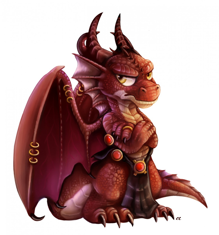 amber_eyes anthro bottomwear chibity clothing crossed_arms dragon frill_(anatomy) furgonomics furry-specific_piercing grumpy head_crest head_frill hi_res horn jewelry loincloth male membrane_(anatomy) membranous_frill membranous_wings mythological_creature mythological_scalie mythology piercing red_body red_scales scales scalie sechutan simple_background solo standing tail unimpressed white_background wing_piercing wings