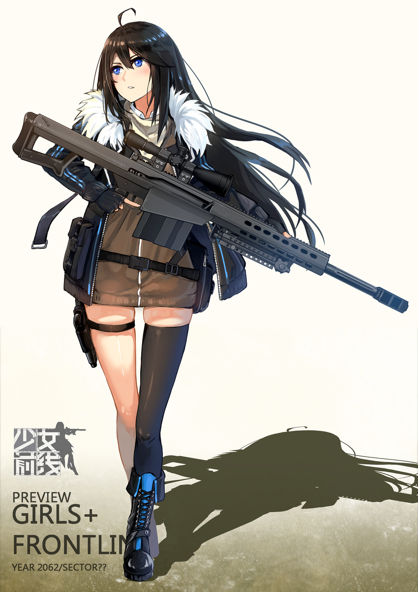 ahoge anti-materiel_rifle barrett_m82 belt black_footwear black_hair black_thighhighs blush boots brown_dress chinese_commentary commentary_request copyright_name cross-laced_footwear dress female fingerless_gloves floating_hair fur-trimmed_jacket fur_trim girls'_frontline gloves gun hair_between_eyes highres holding holding_gun holding_weapon holster jacket long_hair looking_to_the_side m107cq_(girls'_frontline)_(ukeuke) open_clothes open_jacket original parody parted_lips rifle sidelocks single_thighhigh sniper_rifle solo sweater sweater_dress swept_bangs thigh_holster thigh_strap thighhighs trigger_discipline ukeuke weapon