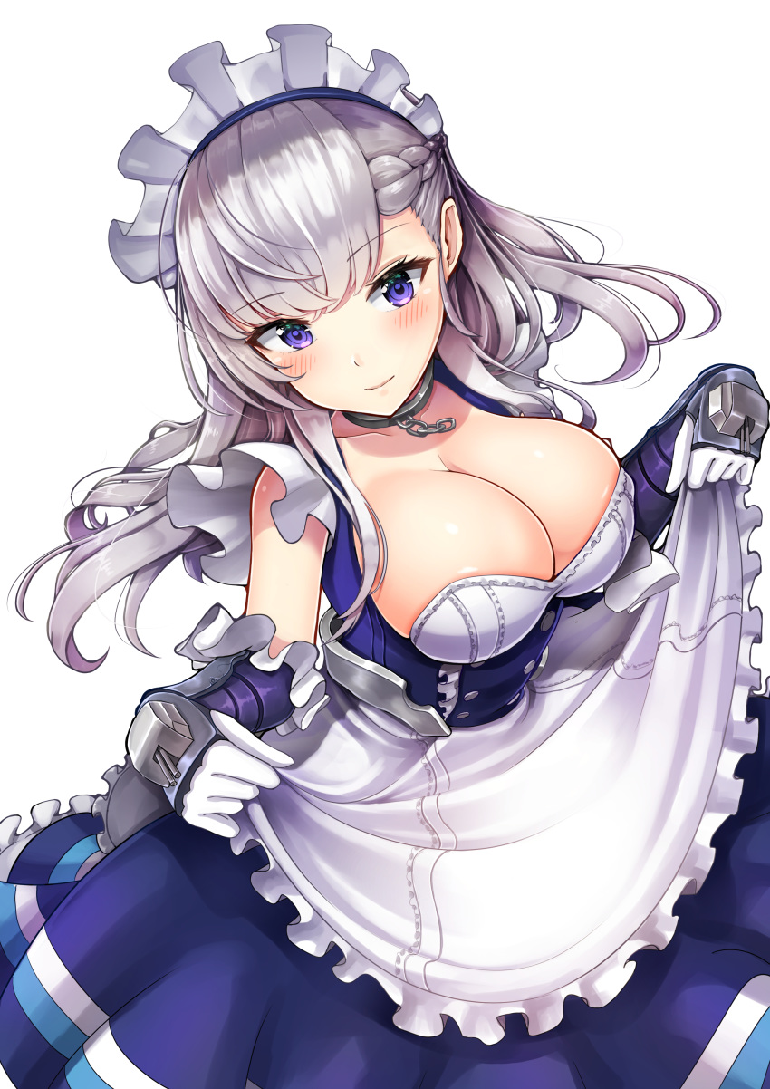 absurdres apron azur_lane bangs belfast_(azur_lane) blue_eyes blush braid breasts cannon chains cleavage collar collarbone corset dress dress_lift eyebrows_visible_through_hair floating_hair french_braid frilled_sleeves frills gauntlets gloves gui_ss head_tilt highres large_breasts lifted_by_self long_hair looking_at_viewer maid maid_headdress revision rigging sidelocks silver_hair simple_background skindentation smile solo white_background white_gloves