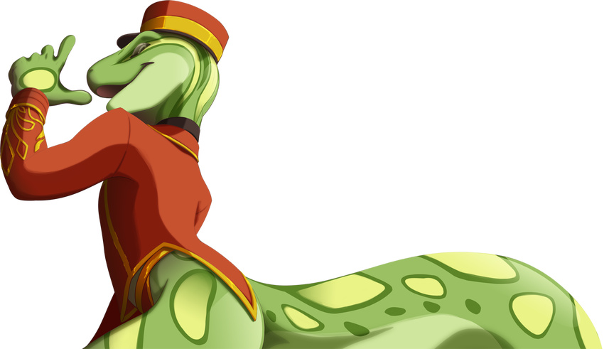 alpha_channel anthro bellhop clothed clothing gecko half-length_portrait lizard looking_back male portrait profile raised_arm reptile rivia_green scalie shiuk side_view simple_background solo standing transparent_background