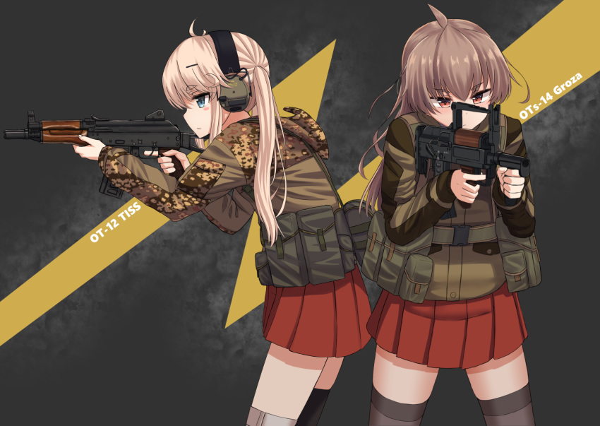 2girls assault_rifle blue_eyes blush blush_stickers brown_hair brown_jacket brown_legwear bullpup camouflage camouflage_jacket commentary_request ear_piercing finger_on_trigger fingernails gun hair_between_eyes highres holding holding_gun holding_weapon jacket kalashnikov_rifle light_brown_hair long_sleeves miyako_(yakob_labo) multiple_girls original ots-12_tiss ots-14_groza piercing pleated_skirt profile red_eyes red_skirt rifle skirt smersh standing thighhighs trigger_discipline weapon yakob_labo