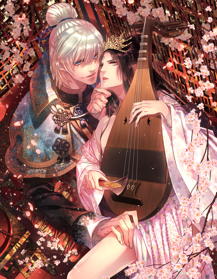 1boy biwa_lute black_hair blonde_hair blue_eyes brown_hair commentary_request facial_mark female floral_print flower forehead_mark hair_bun hair_ornament hair_tie hakuryou_(mitsuya_no_kan'in) highres indoors instrument japanese_clothes long_hair lute_(instrument) mitsuya_no_kan'in_-yuukaku_no_hanayome- official_art plum_blossoms red_eyes rikou_(mitsuya_no_kan'in) sakamoto_akira sideways_glance single_hair_bun tiara