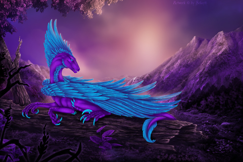 2019 3:2 ambiguous_gender blue_body blue_eyes blue_feathers claws detailed_background digital_media_(artwork) dragon feathered_dragon feathered_scalie feathers feral hi_res log lying moss mythological_creature mythological_scalie mythology outside plant purple_body purple_scales scales scalie selianth solo tail wood