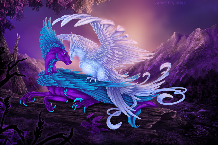 2019 3:2 ambiguous_gender avian bird blue_body blue_eyes blue_feathers claws detailed_background digital_media_(artwork) dragon duo feathered_dragon feathered_scalie feathers feral hi_res log lying moss mythological_creature mythological_scalie mythology outside plant purple_body purple_scales scales scalie selianth tail white_body white_feathers wood