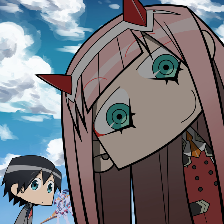 1boy absurdres backlighting black_hair blue_eyes blue_sky bob_(bobnakaoda) cloud cloudy_sky commentary_request couple darling_in_the_franxx day female green_eyes hair_ornament hairband highres hiro_(darling_in_the_franxx) horns long_hair long_sleeves looking_at_viewer mecha military military_uniform necktie oni_horns orange_necktie pink_hair red_horns robot sky straight strelizia uniform white_hairband zero_two_(darling_in_the_franxx)