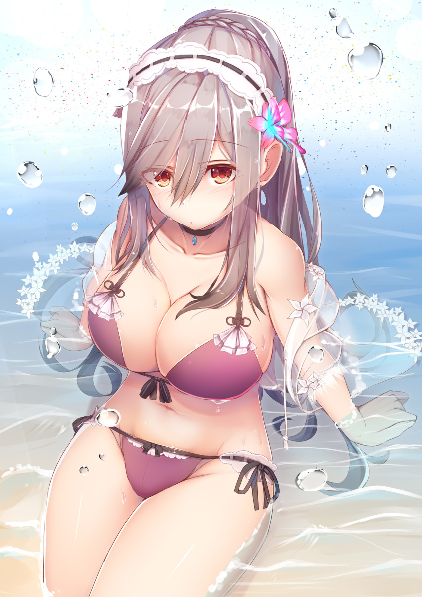 anchor_symbol azur_lane bare_shoulders bikini breasts cleavage commentary_request dunkerque_(azur_lane) dunkerque_(summer_sucre)_(azur_lane) female from_above grey_hair hair_between_eyes hair_ornament halterneck highres large_breasts long_hair looking_at_viewer navel official_alternate_costume ponytail purple_bikini red_eyes sand sidelocks sitting solo stomach swimsuit tatapopo thighs water