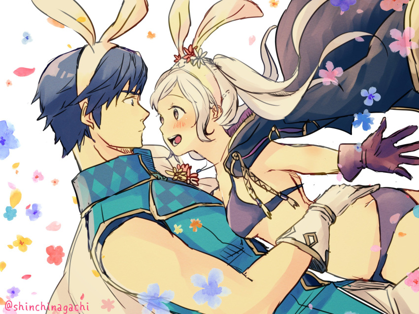 1boy animal_ears bikini blue_eyes blue_hair blush cape chrom_(fire_emblem) chrom_(spring)_(fire_emblem) commentary_request female fire_emblem fire_emblem_awakening fire_emblem_heroes gloves highres hug long_hair nishimura_(shinchinagachi) official_alternate_costume open_mouth protected_link rabbit_ears robe robin_(female)_(fire_emblem) robin_(female)_(summer)_(fire_emblem) robin_(fire_emblem) short_hair smile swimsuit tiara twintails very_long_hair weapon white_hair yellow_eyes