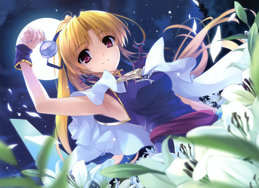 absurdres armpits blonde_hair bridal_gauntlets capelet cynthia_marguerite dutch_angle female flower full_moon hair_ribbon highres jewelry lily_(flower) long_hair misaki_kurehito moon necklace night pocket_watch ponytail red_eyes ribbon sash smile solo watch yoake_mae_yori_ruri_iro_na