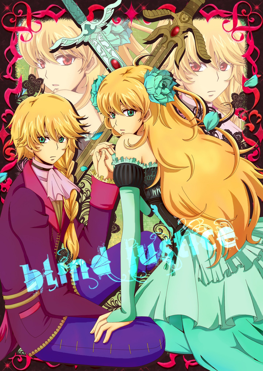 1boy aqua_eyes bare_shoulders blind_justice blonde_hair braid brother_and_sister commentary_request english_text female flower hand_on_thigh hayasaka_riku highres holding_hands interlocked_fingers kneeling long_hair matin_catorce medieval necktie nox_catorce petals red_eyes siblings sitting sword twins weapon zektbach zoom_layer