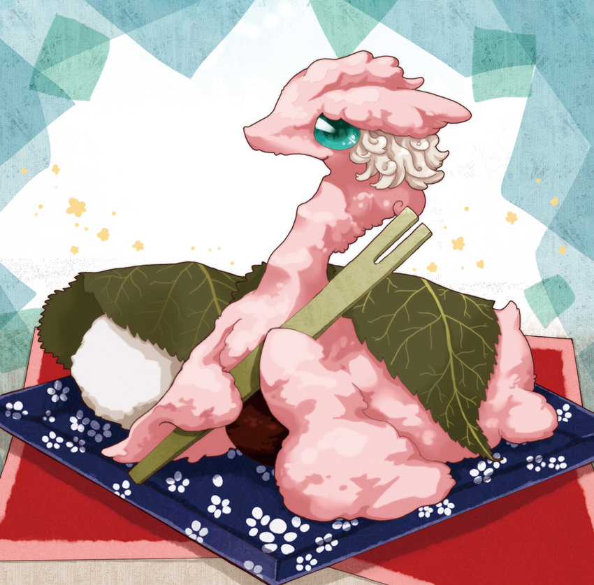 ambiguous_gender big_eyes blue_eyes blue_sclera cream_hair dairy_products dessert digital_media_(artwork) dragon feral flippers food food_creature hair holding_object leaf looking_at_viewer mythological_creature mythological_scalie mythology pink_body pink_tail plate reptile scalie shaded shadow short_tail simple_background small_tail snout solo tail watanohara what what_has_science_done whipped_cream