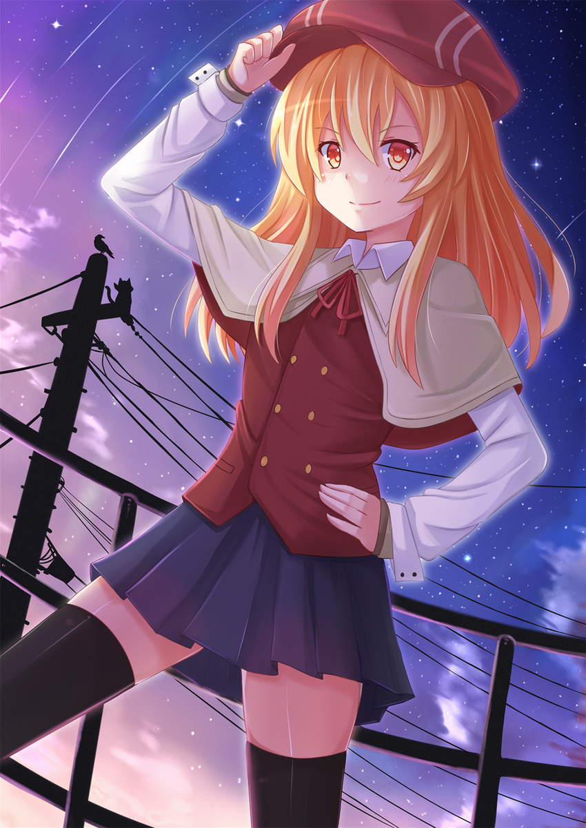 bird black_thighhighs blonde_hair blush capelet commentary_request feline female hand_on_own_hip hat highres ikkyuu_tensai kazenokaze long_hair looking_at_viewer nichijou red_eyes ryuugajou_nanana_no_maizoukin sakamoto_(nichijou) silhouette skirt smile solo thighhighs zettai_ryouiki