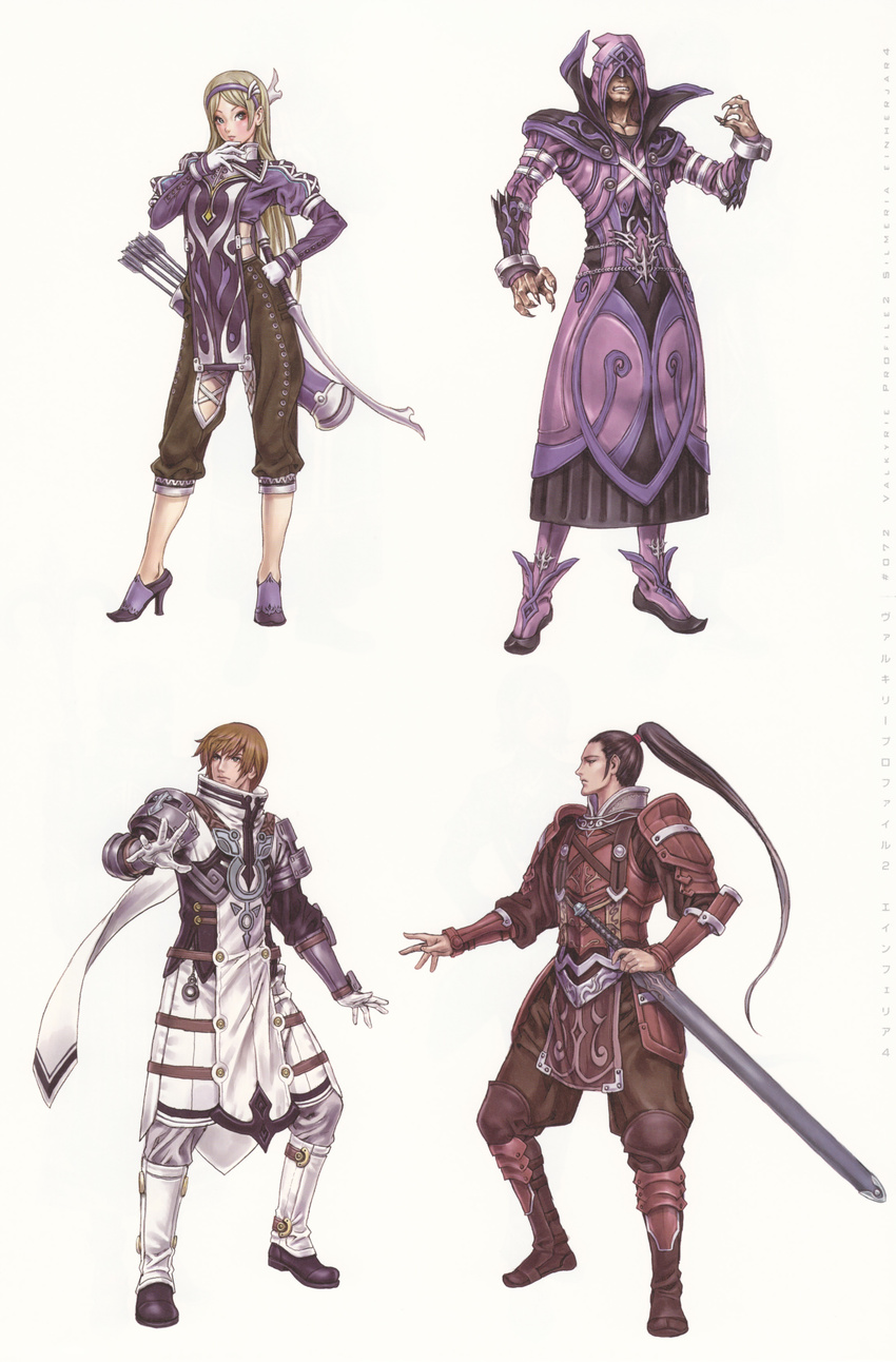 3boys absurdres armor arrow_(projectile) black_hair blonde_hair boots bow_(weapon) brown_hair capri_pants closed_mouth clothing_cutout dyn farant female from_side gloves green_eyes hair_ornament hairband high_collar high_heels high_ponytail highres hood lips lipstick long_hair looking_at_viewer looking_to_the_side lydia_(valkyrie_profile) makeup multiple_boys pants photoshop_(medium) ponytail purple_footwear purple_tabard quiver shoes short_hair shoulder_pads sword tabard thigh_cutout tiara valkyrie_profile_(series) valkyrie_profile_2:_silmeria vambraces weapon white_background woltar yamashita_shun'ya